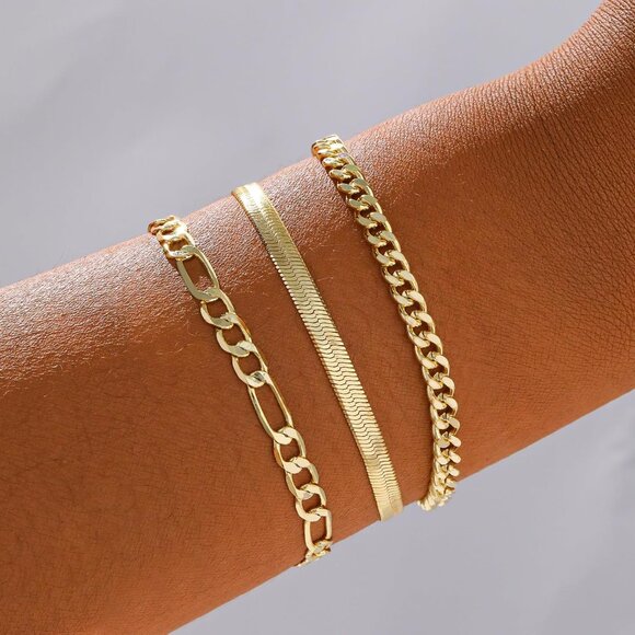 Gold Bracelet Set for Women Layered Chain Link Herringbone Adjustable Jewelry - Picture 4 of 7